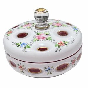 Bohemian Czech Cased White Overlay Cut to Cranberry Glass Floral Vanity Dish 5”